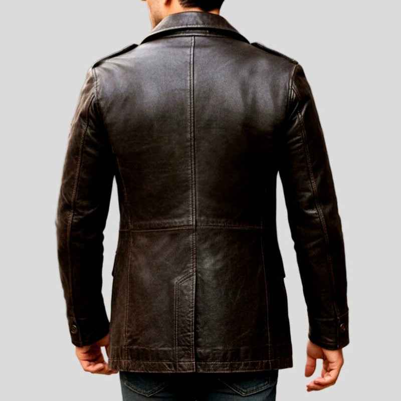 Men's Double-Breasted Leather Coat with Buttons and Pockets