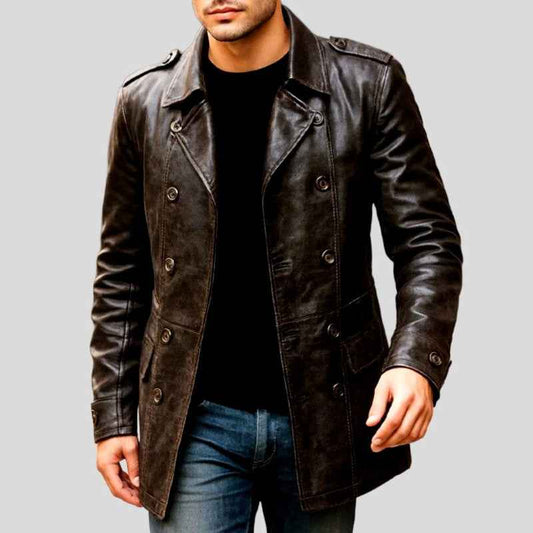 Men's Double-Breasted Leather Coat with Buttons and Pockets Dark Brown