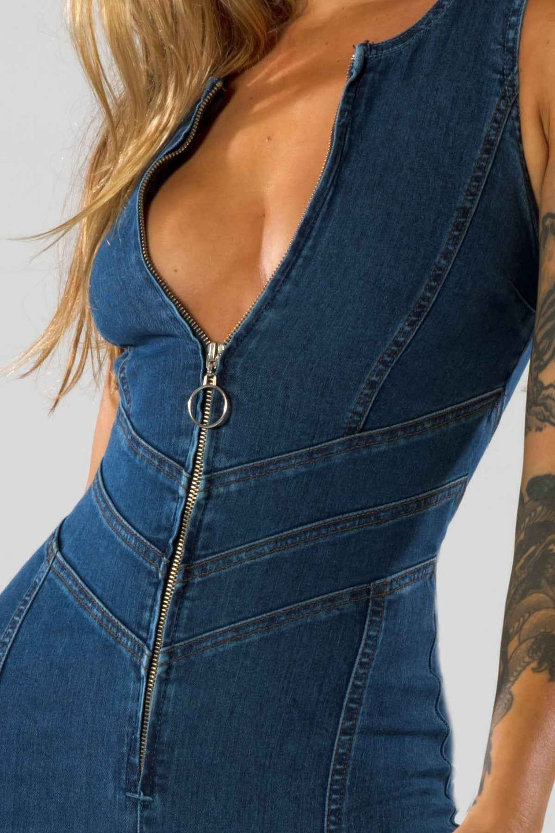 Women's Denim Jumpsuit – Deep V-Neck, Flared Legs, Tailored Fit, Zip Closure