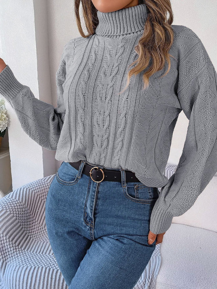 Women's Cable Knit Turtleneck Sweater with Long Sleeves