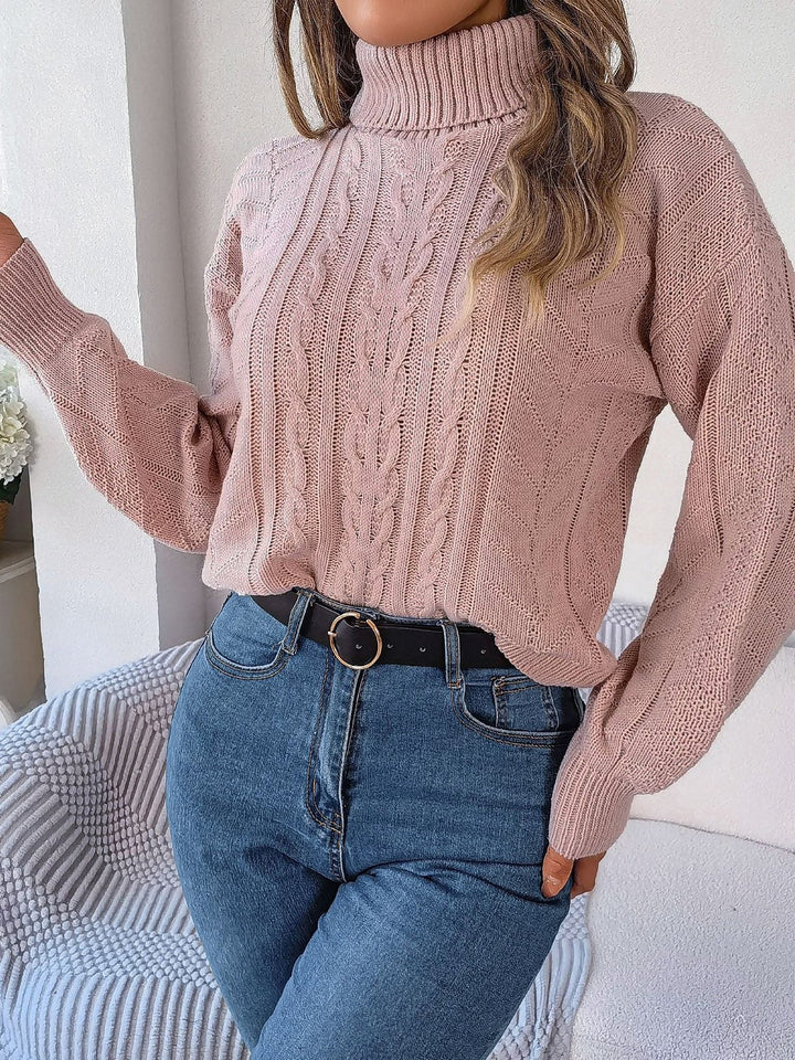 Women's Cable Knit Turtleneck Sweater with Long Sleeves Pink