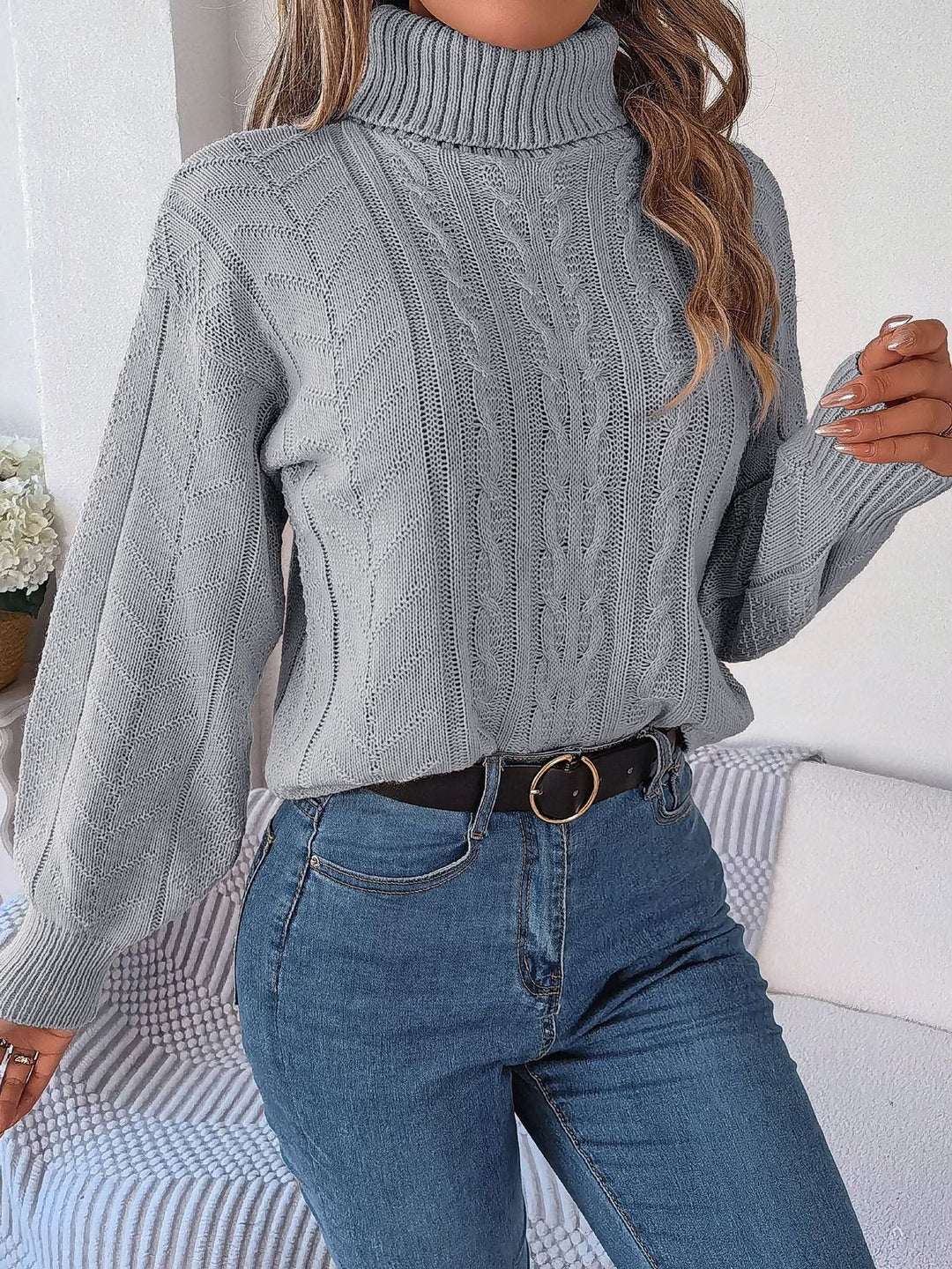 Women's Cable Knit Turtleneck Sweater with Long Sleeves Grey