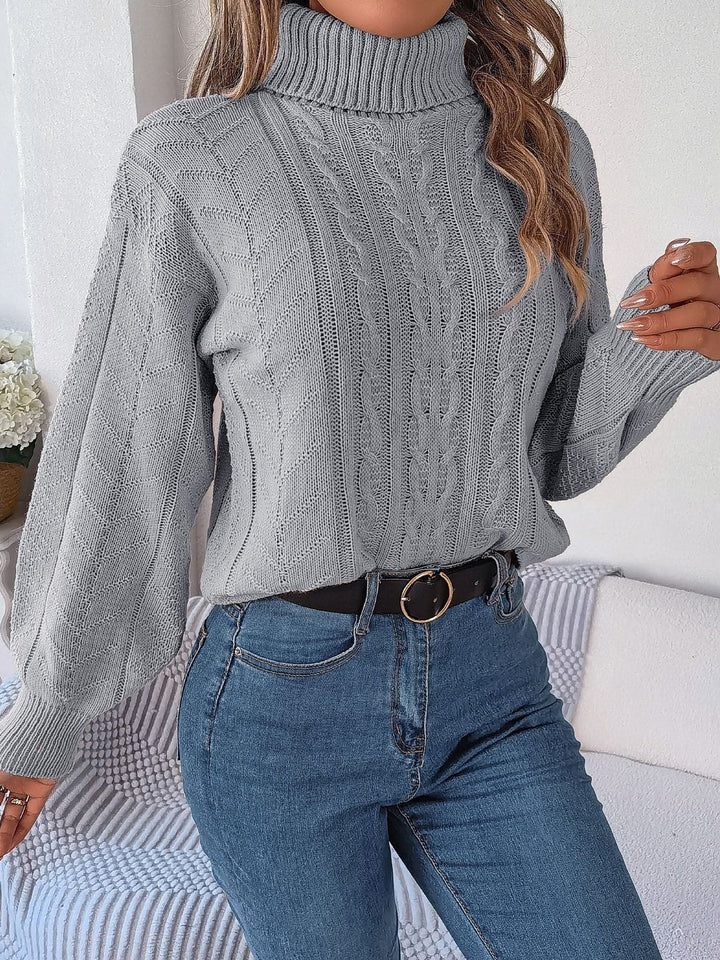 Women's Cable Knit Turtleneck Sweater with Long Sleeves Grey