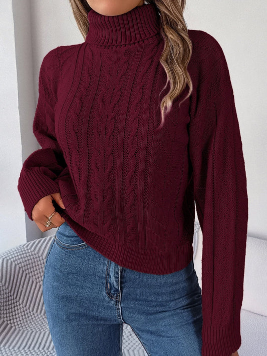 Women's Cable Knit Denim Relaxed Fit Textured Collar Solid Turtleneck