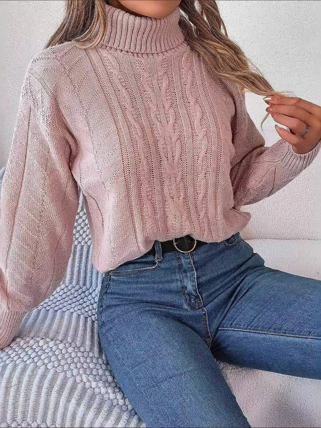 Women's Cable Knit Turtleneck Sweater with Long Sleeves
