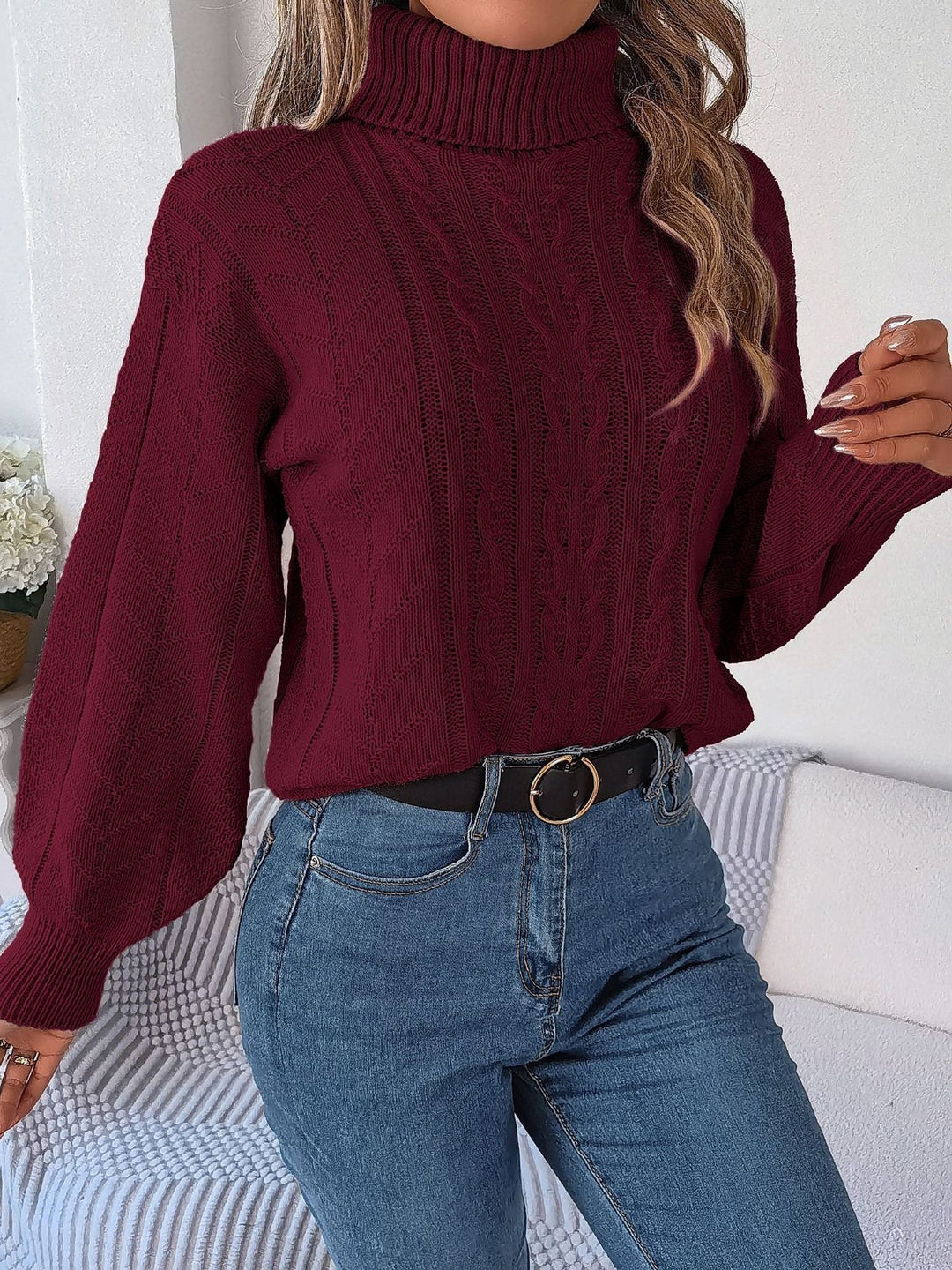 Women's Cable Knit Turtleneck Sweater with Long Sleeves