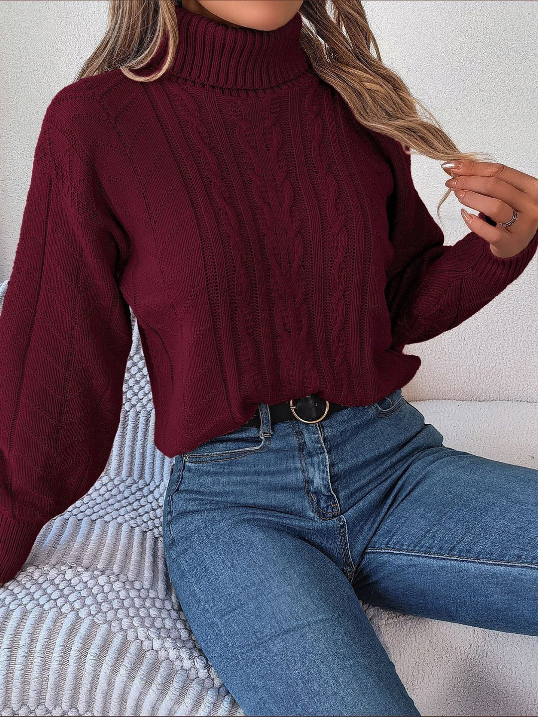 Women's Cable Knit Turtleneck Sweater with Long Sleeves