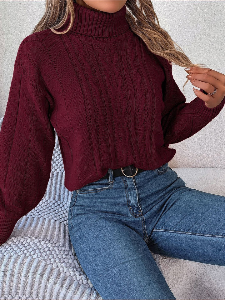 Women's Cable Knit Turtleneck Sweater with Long Sleeves