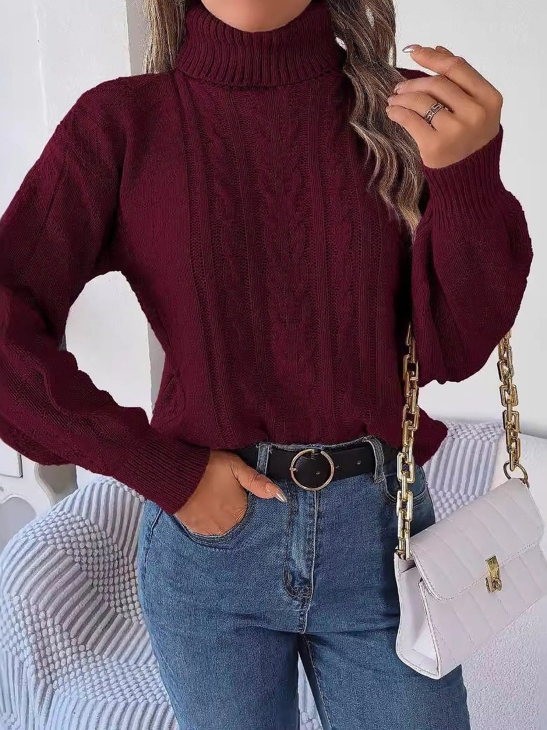 Women's Cable Knit Turtleneck Sweater with Long Sleeves