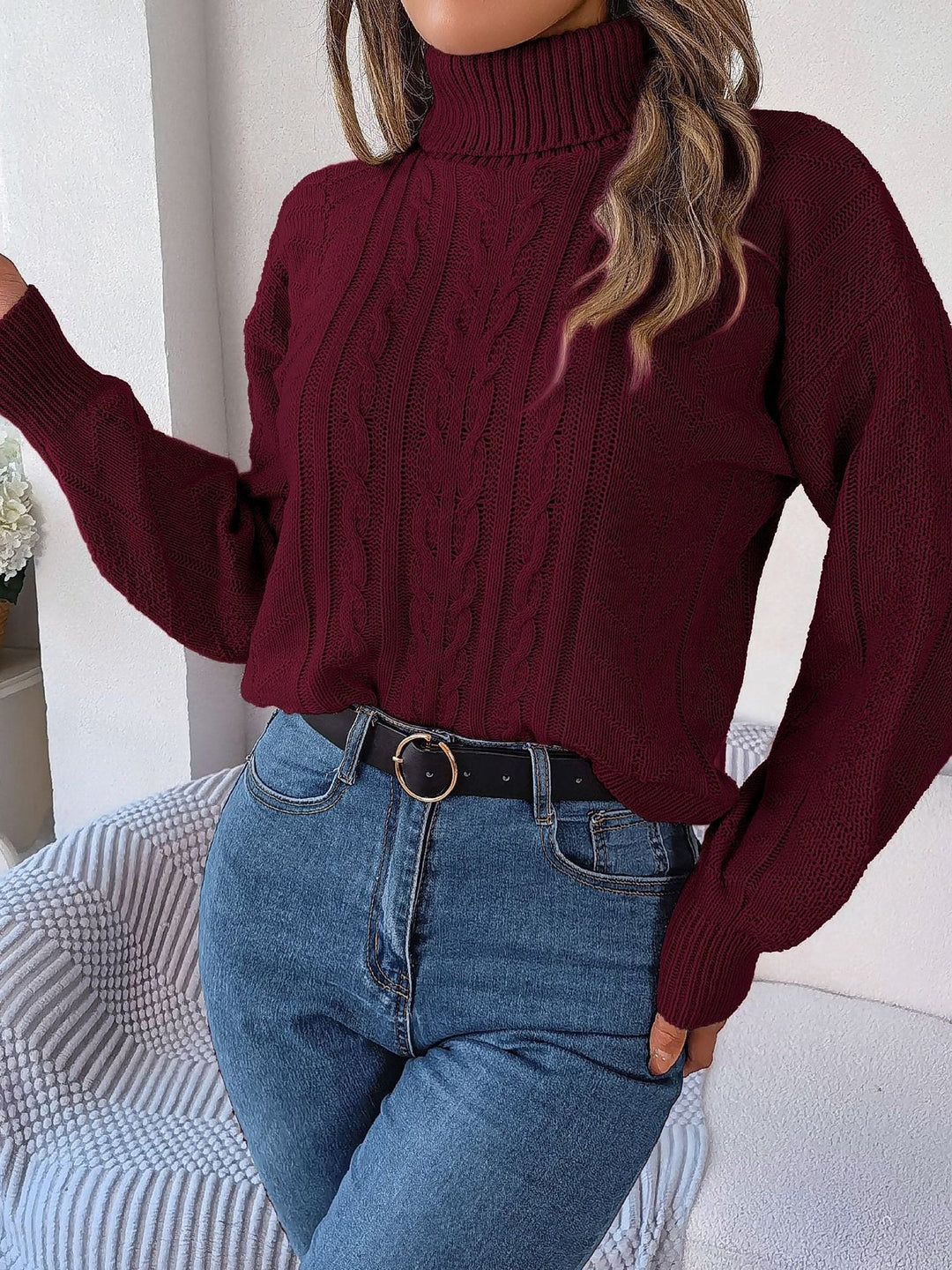 Women's Cable Knit Turtleneck Sweater with Long Sleeves