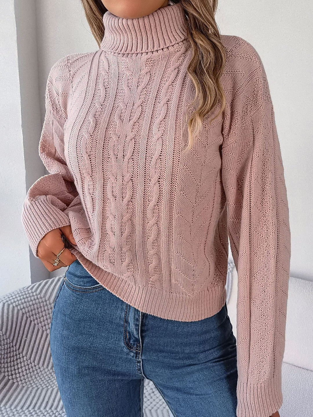 Women's Cable Knit Turtleneck Sweater with Long Sleeves