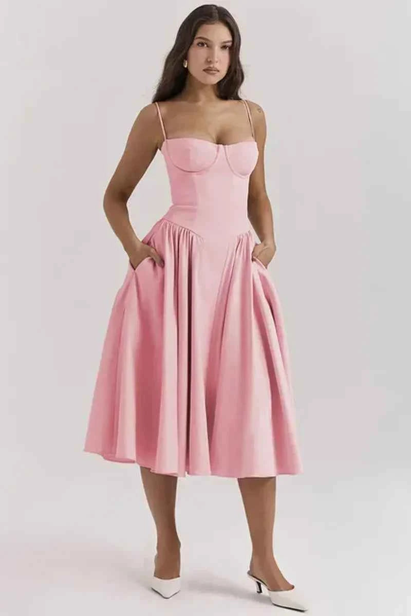 Women's Fitted Midi Dress with Spaghetti Straps and Pleated Flared Skirt Pink