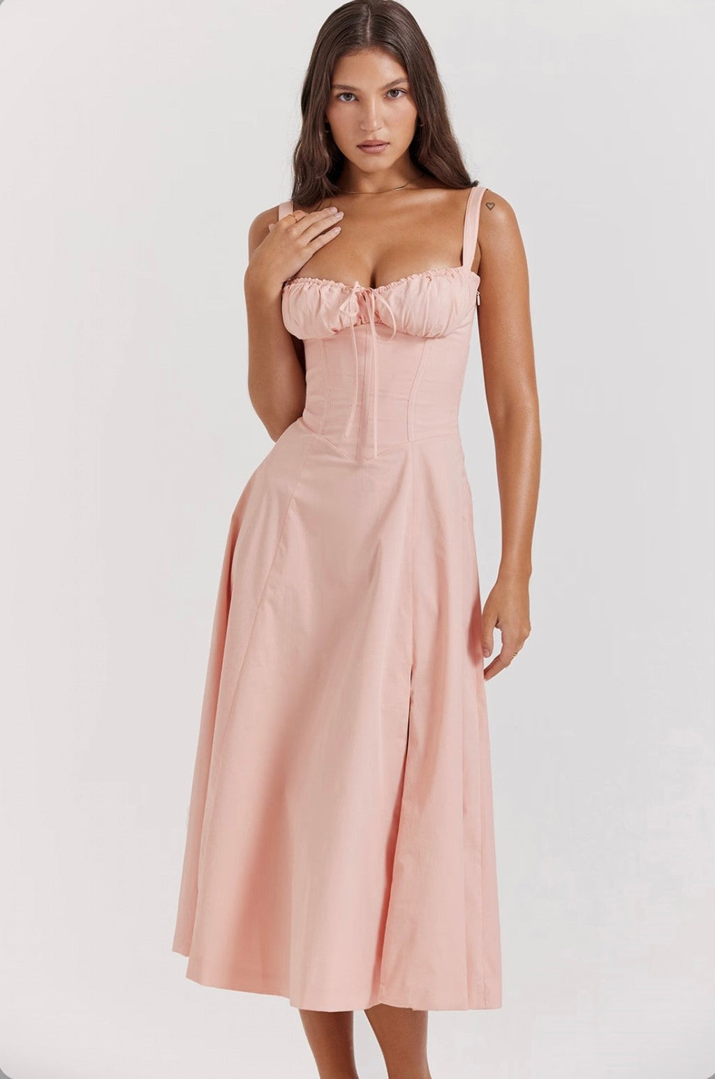 Women's Elegant A-line Midi Dress with Fitted Corset Top and Split Pink