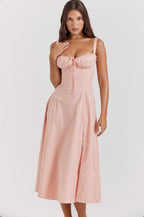 Women's Elegant A-line Midi Dress with Fitted Corset Top and Split Pink
