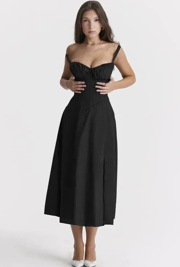 Women's Elegant A-line Midi Dress with Fitted Corset Top and Split Black