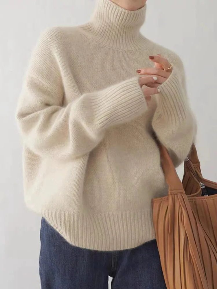 Women's Ribbed Knit Cashmere Turtleneck Sweater Beige