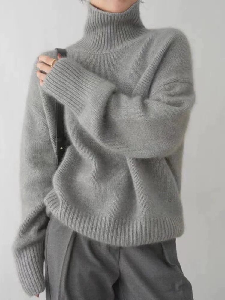 Women's Ribbed Knit Cashmere Turtleneck Sweater Gray