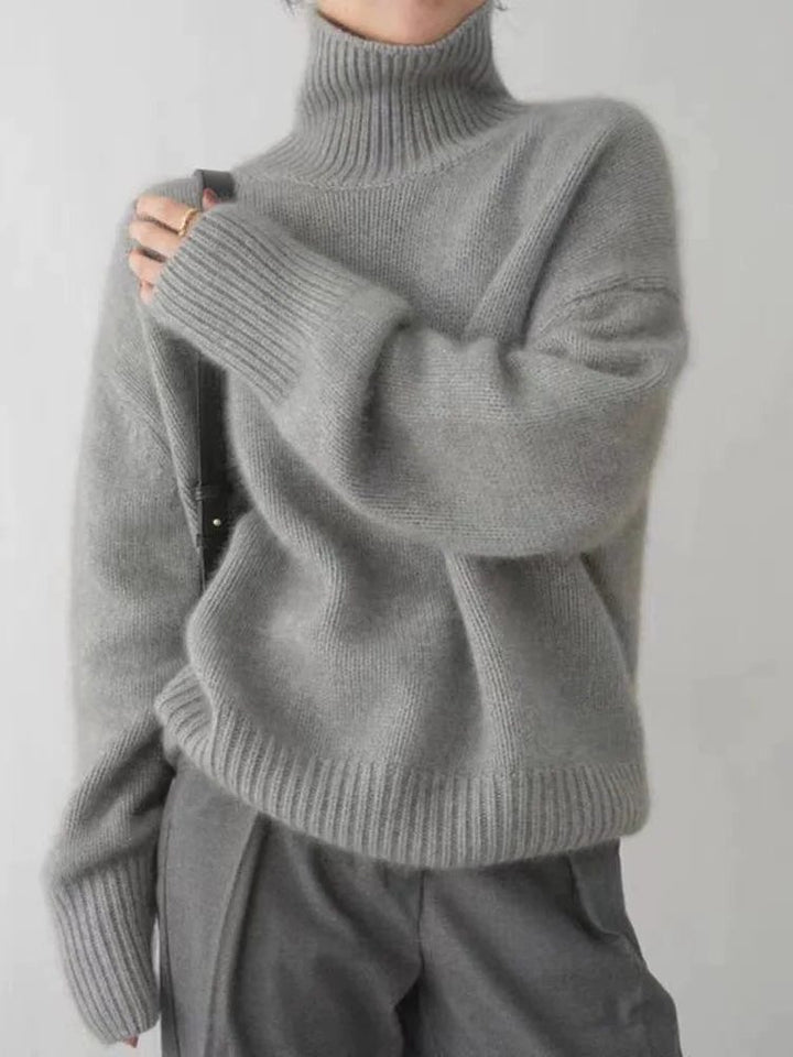 Women's Ribbed Knit Cashmere Turtleneck Sweater Gray