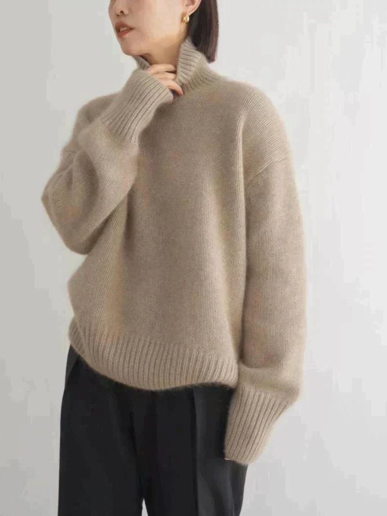 Women's Ribbed Knit Cashmere Turtleneck Sweater Khaki