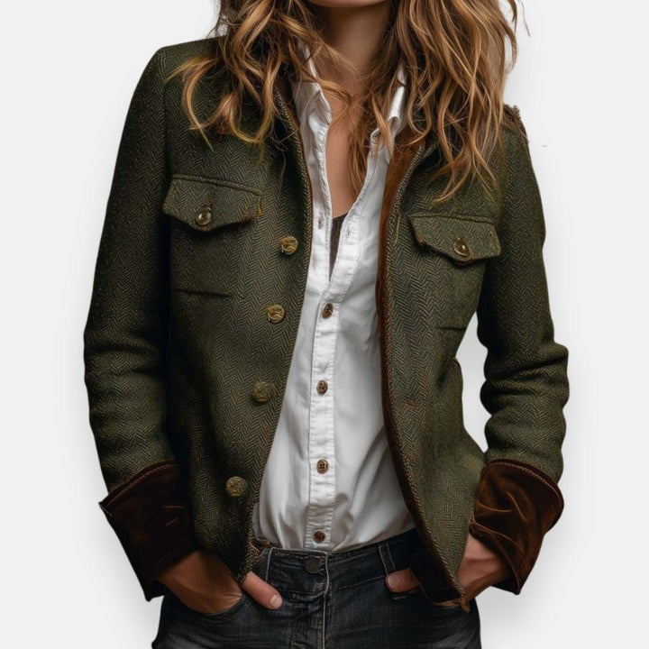Women's Herringbone Structured Blazer with Button-Up Olive