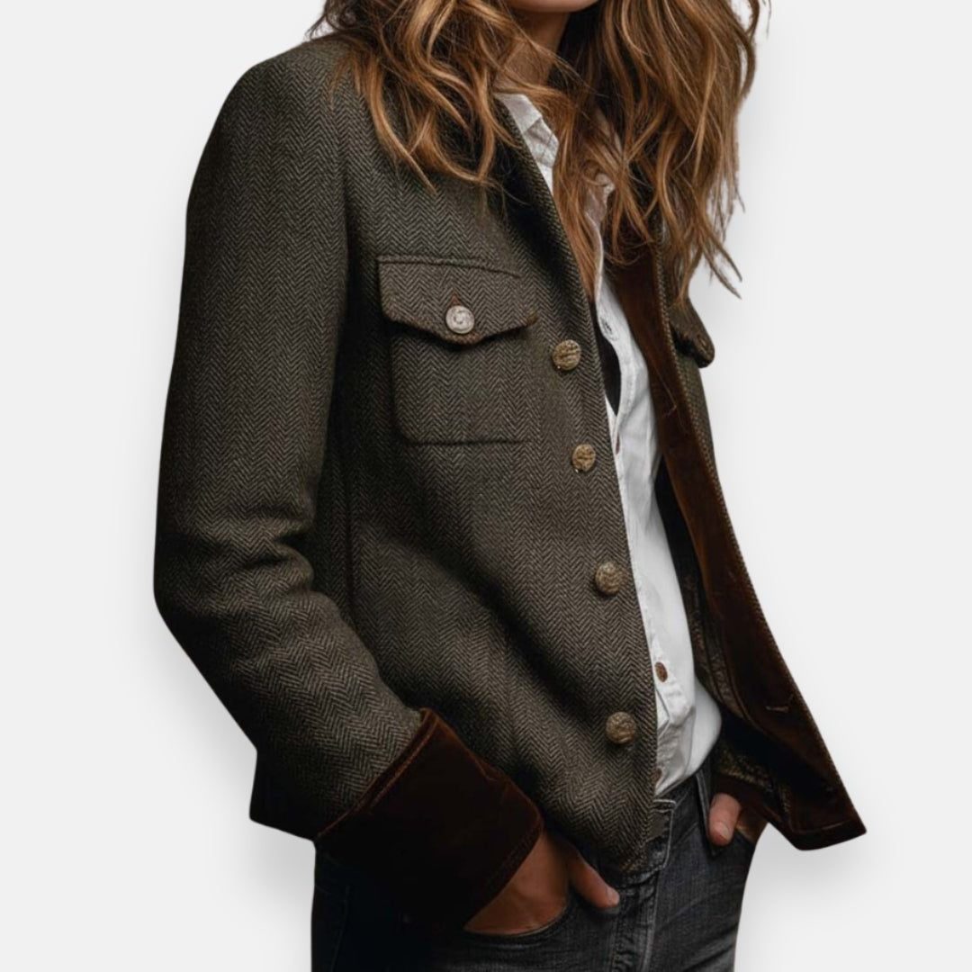 Women's Herringbone Structured Blazer with Button-Up