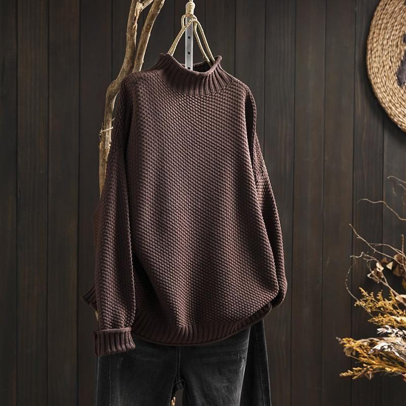 Women's Wool Crewneck Relaxed Fit Textured Sweater Winter Brown