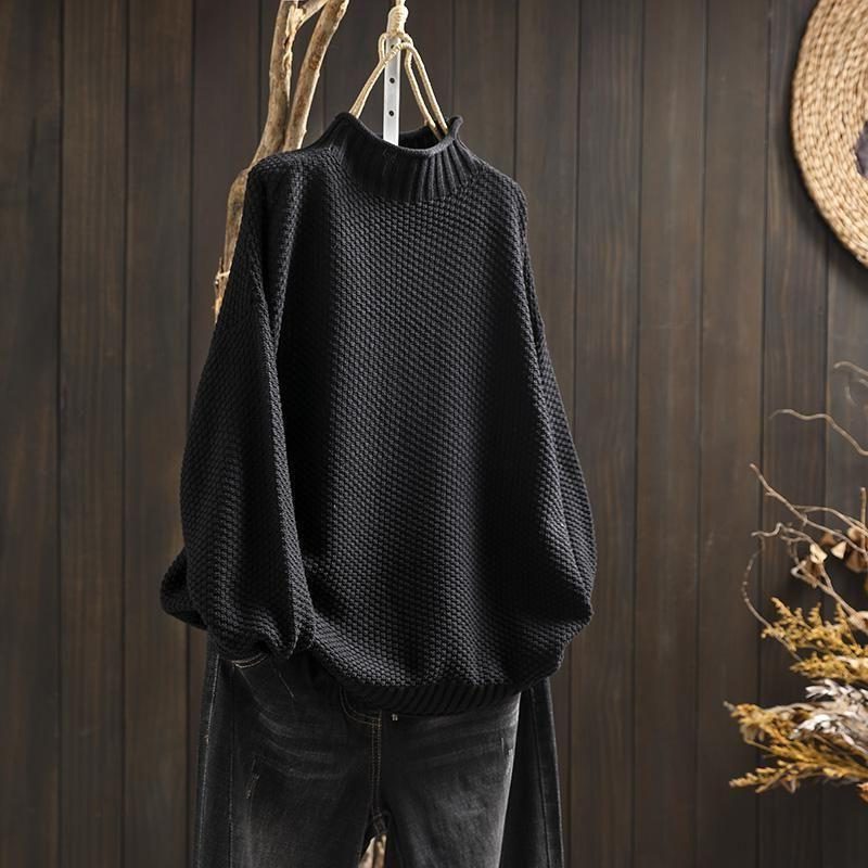 Women's Textured Wool Crew Neck Sweater Black