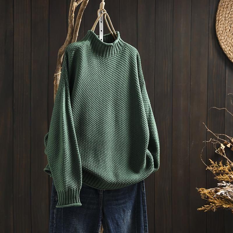 Women's Textured Wool Crew Neck Sweater Green