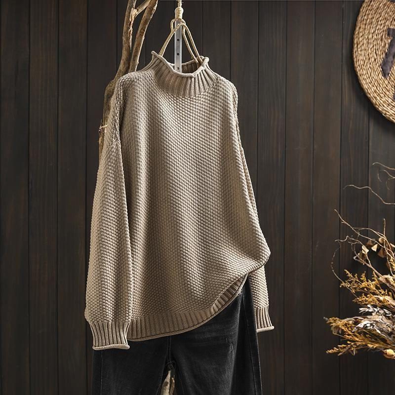 Women's Wool Crewneck Relaxed Fit Textured Sweater Winter Beige