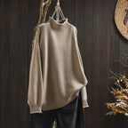 Women's Wool Crewneck Relaxed Fit Textured Sweater Winter Beige
