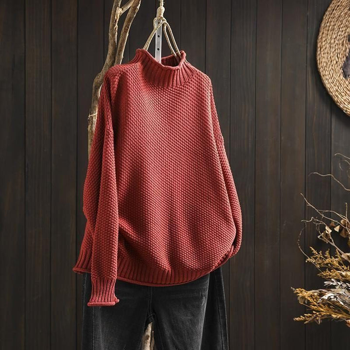 Women's Textured Wool Crew Neck Sweater Red