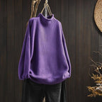 Women's Wool Crewneck Relaxed Fit Textured Sweater Winter Purple