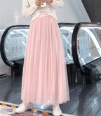 Women's High Waist Tulle Maxi Skirt - Layered & Airy Design Pink