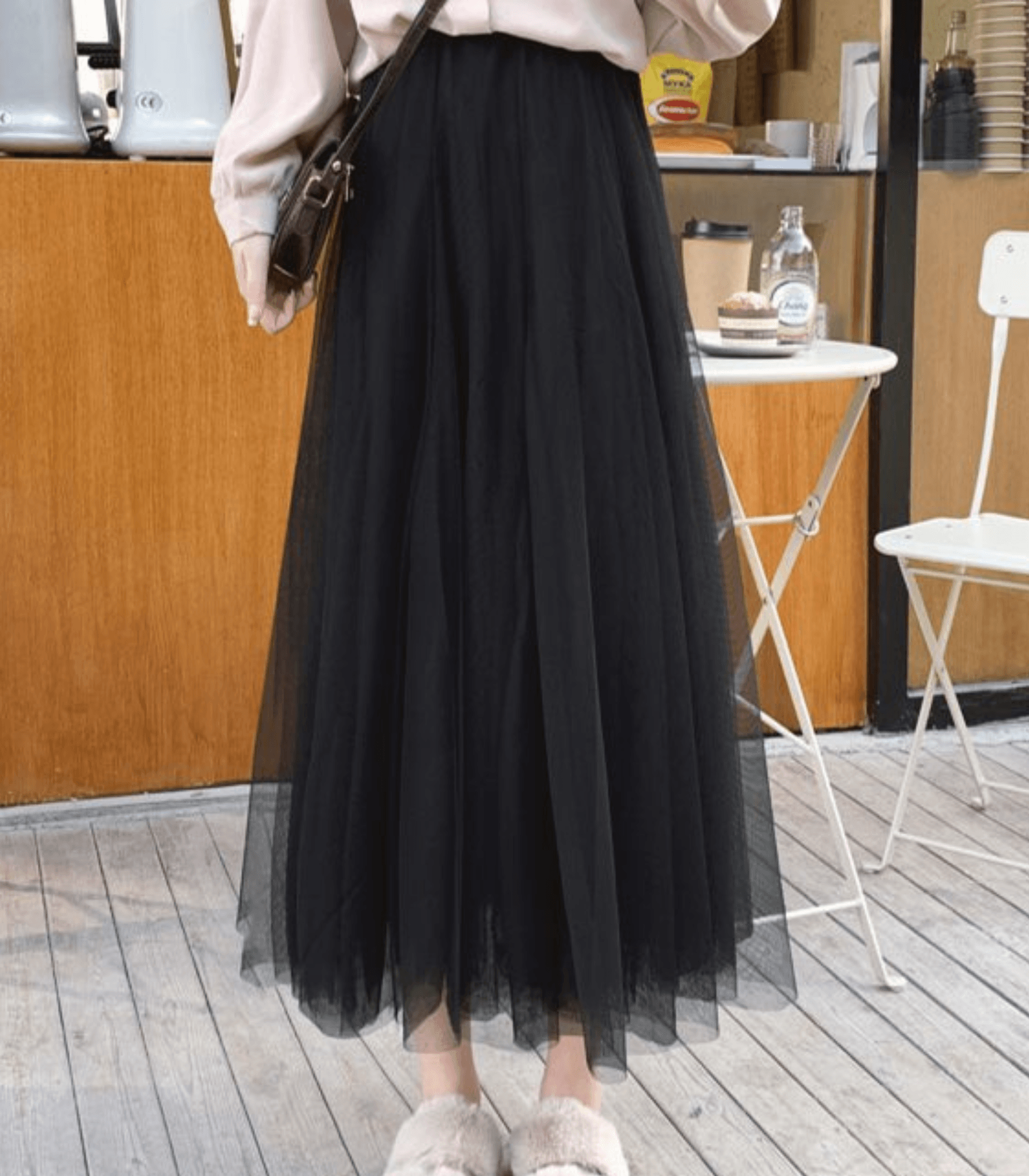 Women's High Waist Tulle Maxi Skirt - Layered & Airy Design Black