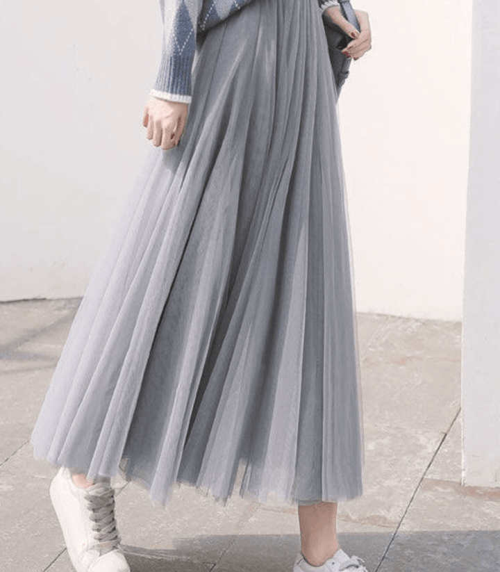 Women's High Waist Tulle Maxi Skirt - Layered & Airy Design Grey