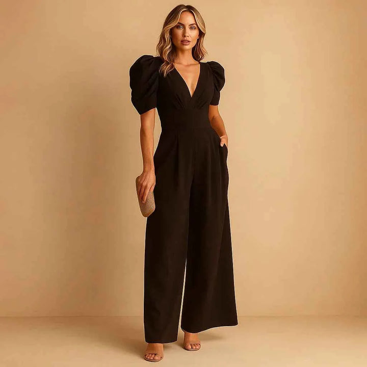 Women's Flattering Puff Sleeve Fit Jumpsuit Black