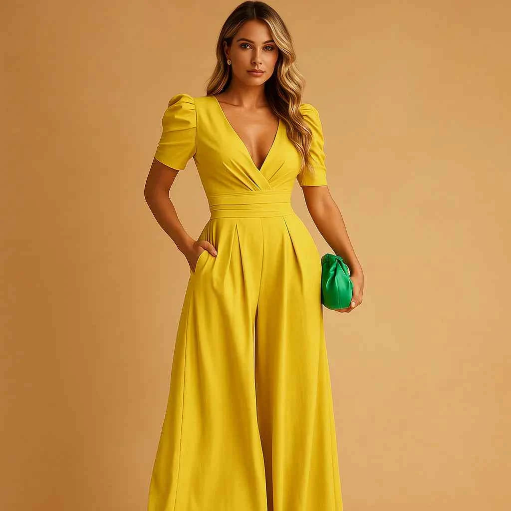 Women's Flattering Puff Sleeve Fit Jumpsuit Yellow