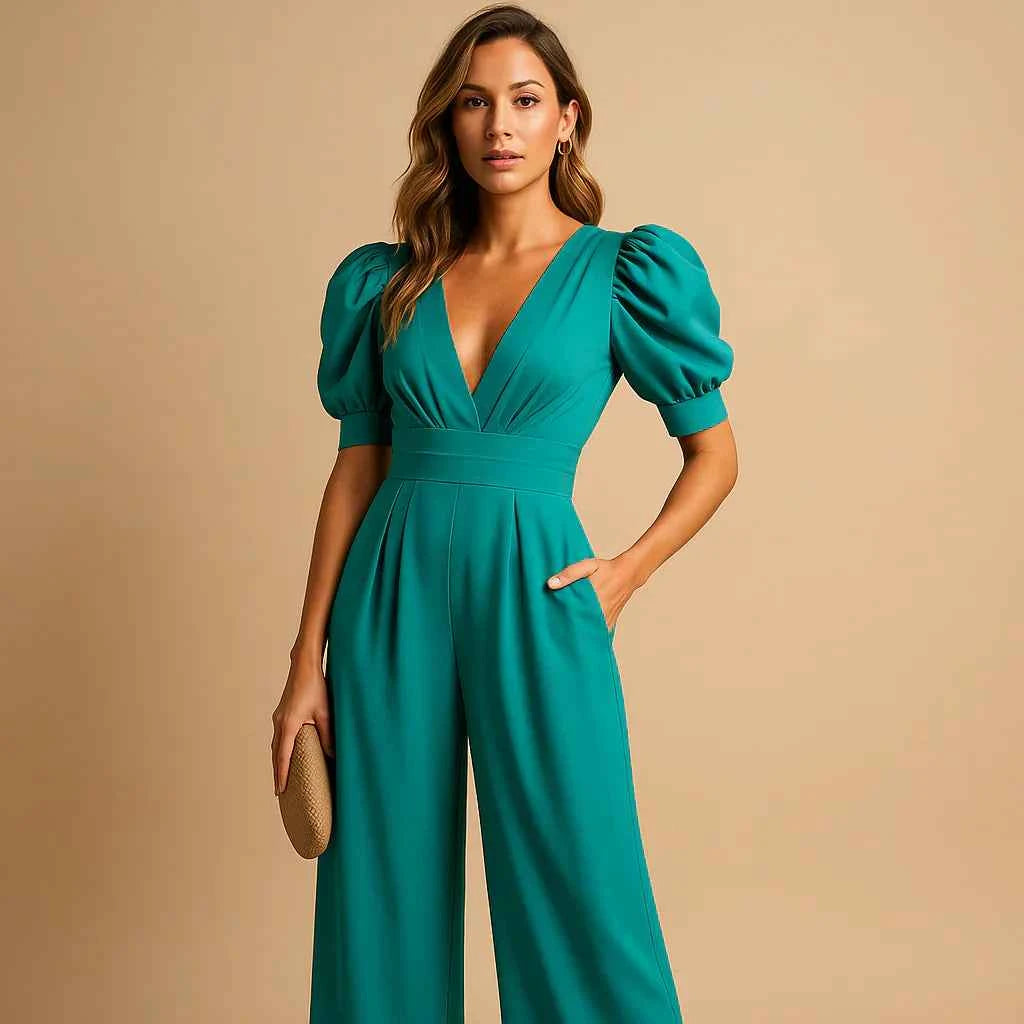 Women's Flattering Puff Sleeve Fit Jumpsuit Turqouise