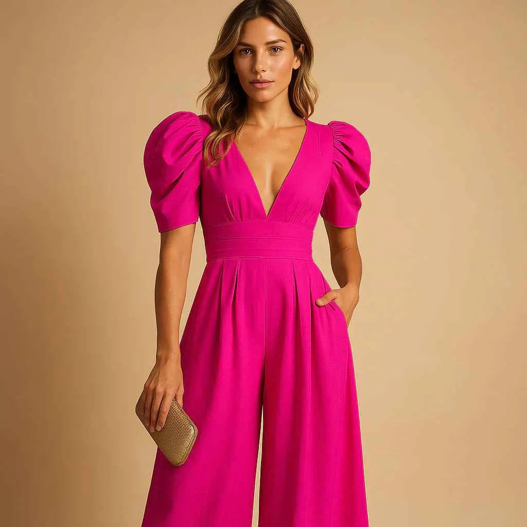 Women's Flattering Puff Sleeve Fit Jumpsuit Red Rose