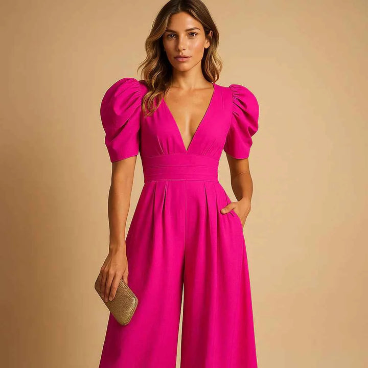 Women's Flattering Puff Sleeve Fit Jumpsuit Red Rose