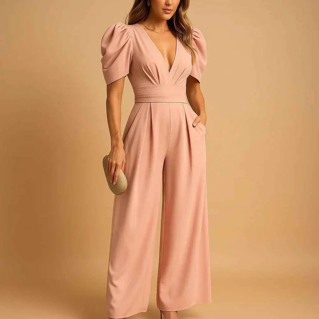 Women's Flattering Puff Sleeve Fit Jumpsuit Peach