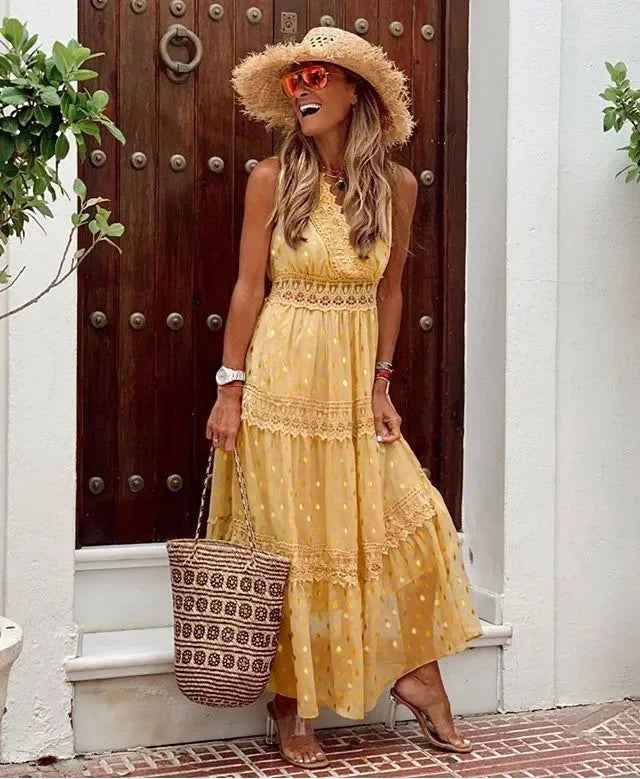 Lena | Women's Sleeveless A-Line Maxi Dress Yellow