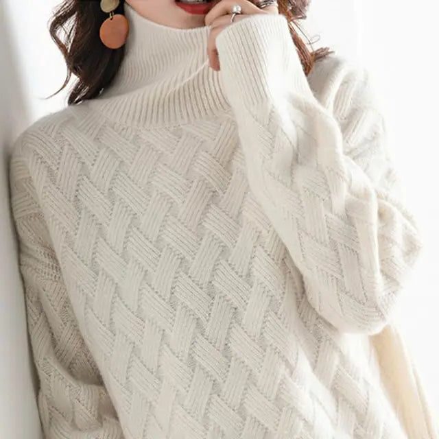 Women's Cable Knit Turtleneck Sweater Beige