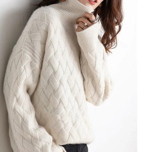 Women's Beige Cable Knit Relaxed Fit Turtleneck Winter Sweater