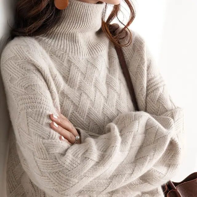 Women's Cable Knit Turtleneck Sweater Camel