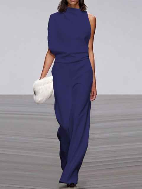 Libby | Women's One Shoulder Wide Leg Jumpsuit Deep Blue