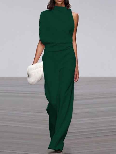 Libby | Women's One Shoulder Wide Leg Jumpsuit Dark Green