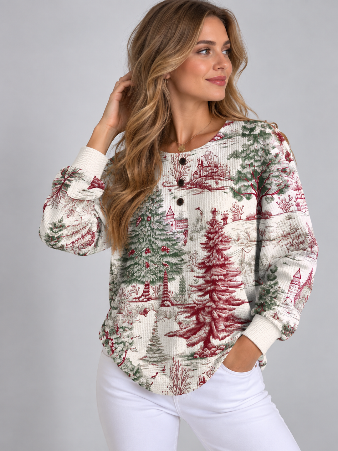 Women's Lilac Printed Knit Crew Neck Sweater with Long Sleeves