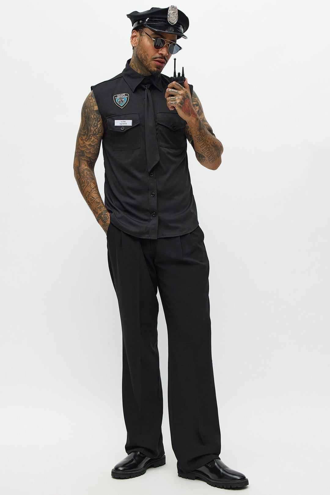 Halloween's Men's Black Officer Costume Shirt and Hat Set XXL
