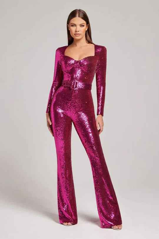 Women's Long-Sleeve Sequin Party Jumpsuit Pink